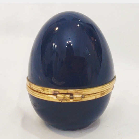 Vintage Limoges Cobalt Blue & Gold Porcelain Topped Trinket/Pill Box Egg - Picture 6 of 6